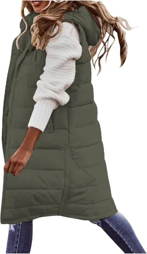 Mmoneyake Womens Long Down Vest Full-Zip Hooded Sleeveless Down Jacket Coat Warm Winter Outdoor Puffer Quilted Vest Outerwear