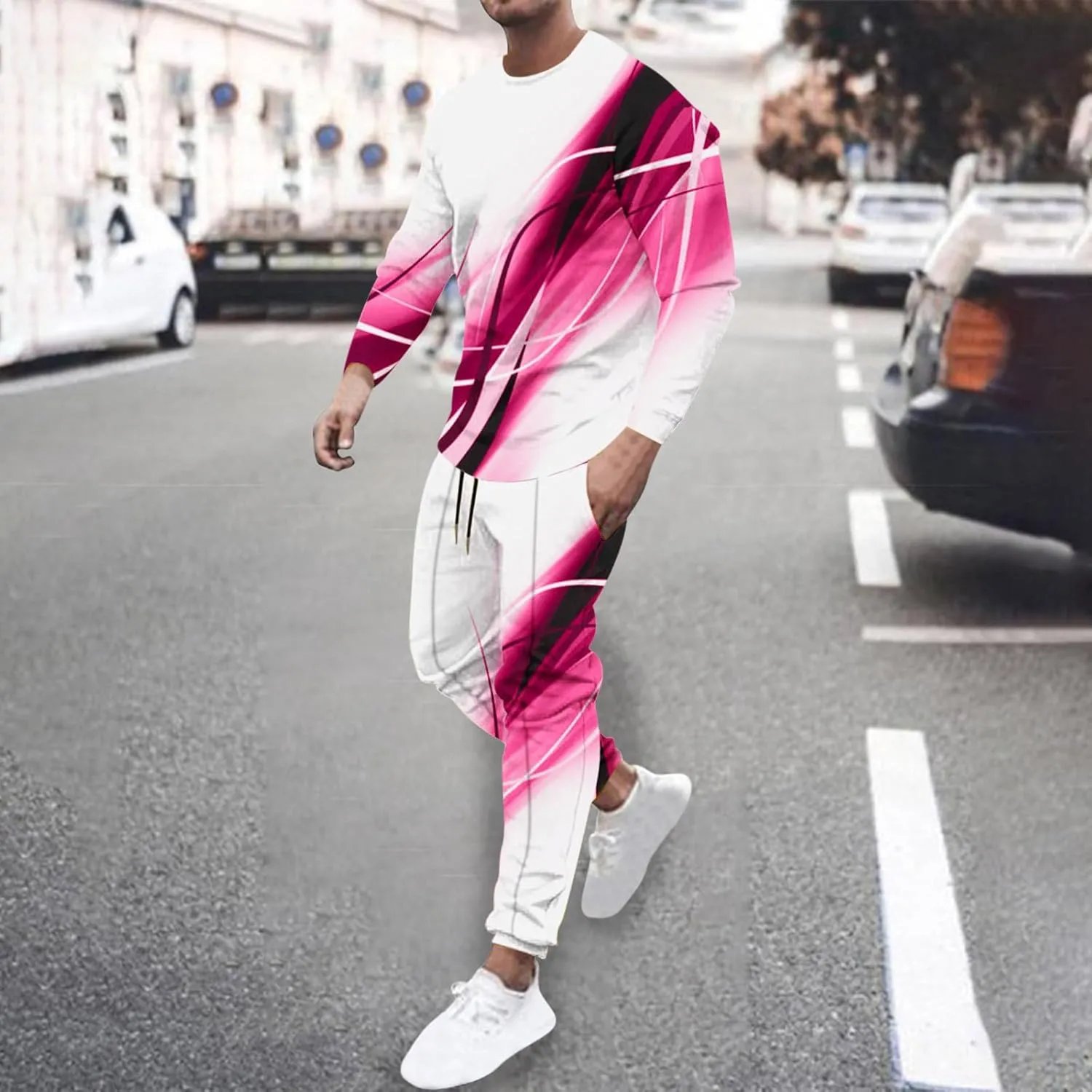 Muscularfit Men's Casual Active Tracksuits Sports Line Print Pullover Crewneck Sweatshirts Athletic Jogging 2 Piece Outfits