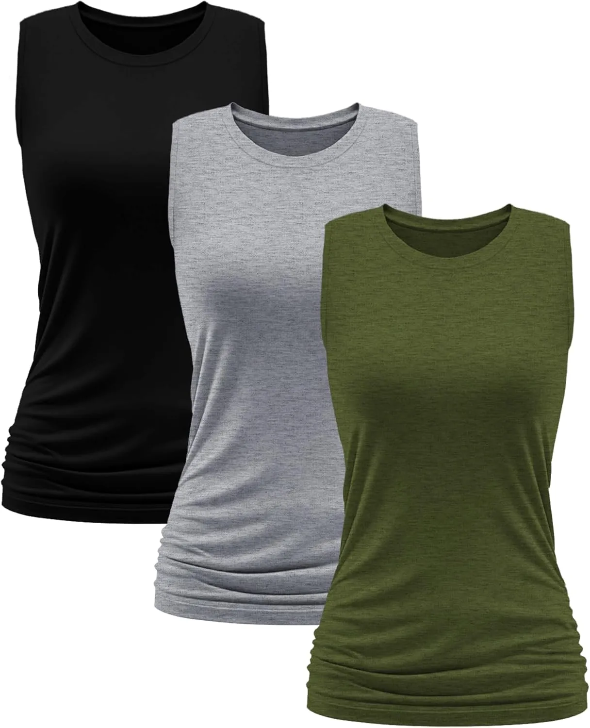Neer 3 Pack Women's High Neck Tank Tops Cotton Ruched Side Crew Neck Sleeveless Shirts Soft Casual Summer Workout Tees