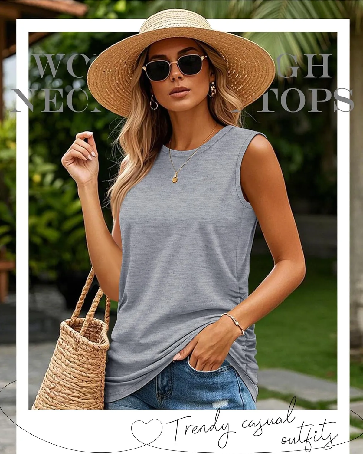 Neer 3 Pack Women's High Neck Tank Tops Cotton Ruched Side Crew Neck Sleeveless Shirts Soft Casual Summer Workout Tees