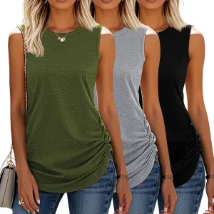 Neer 3 Pack Women's High Neck Tank Tops Cotton Ruched Side Crew Neck Sleeveless Shirts Soft Casual Summer Workout Tees