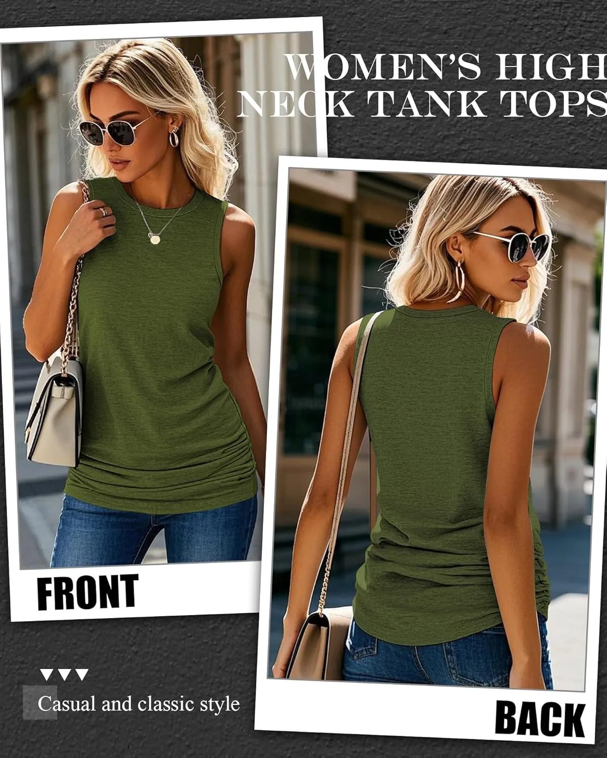 Neer 3 Pack Women's High Neck Tank Tops Cotton Ruched Side Crew Neck Sleeveless Shirts Soft Casual Summer Workout Tees