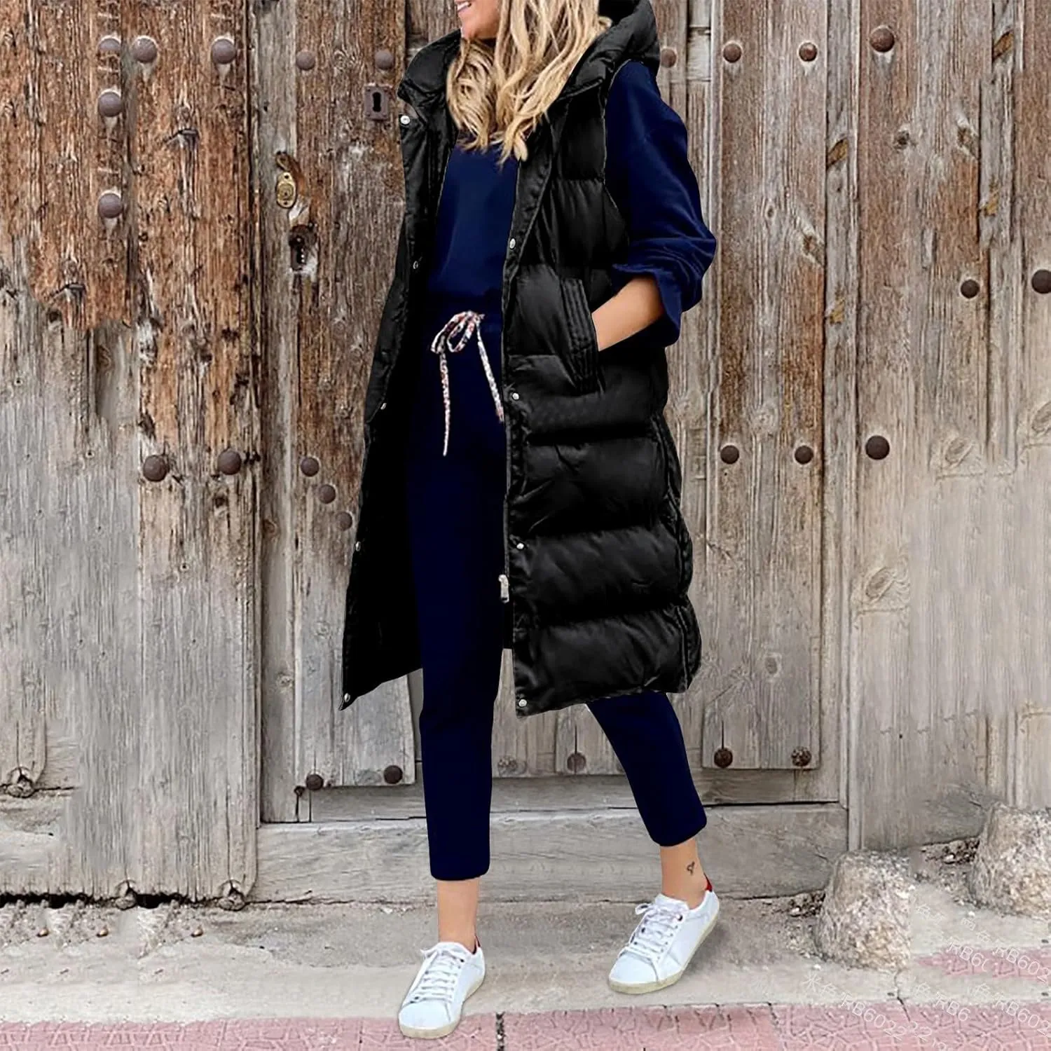 New Ladies Fashion Casual Padded Jacket Solid Color Hooded Slim Vest Temperament Sleeveless Cardigan Long Coat
