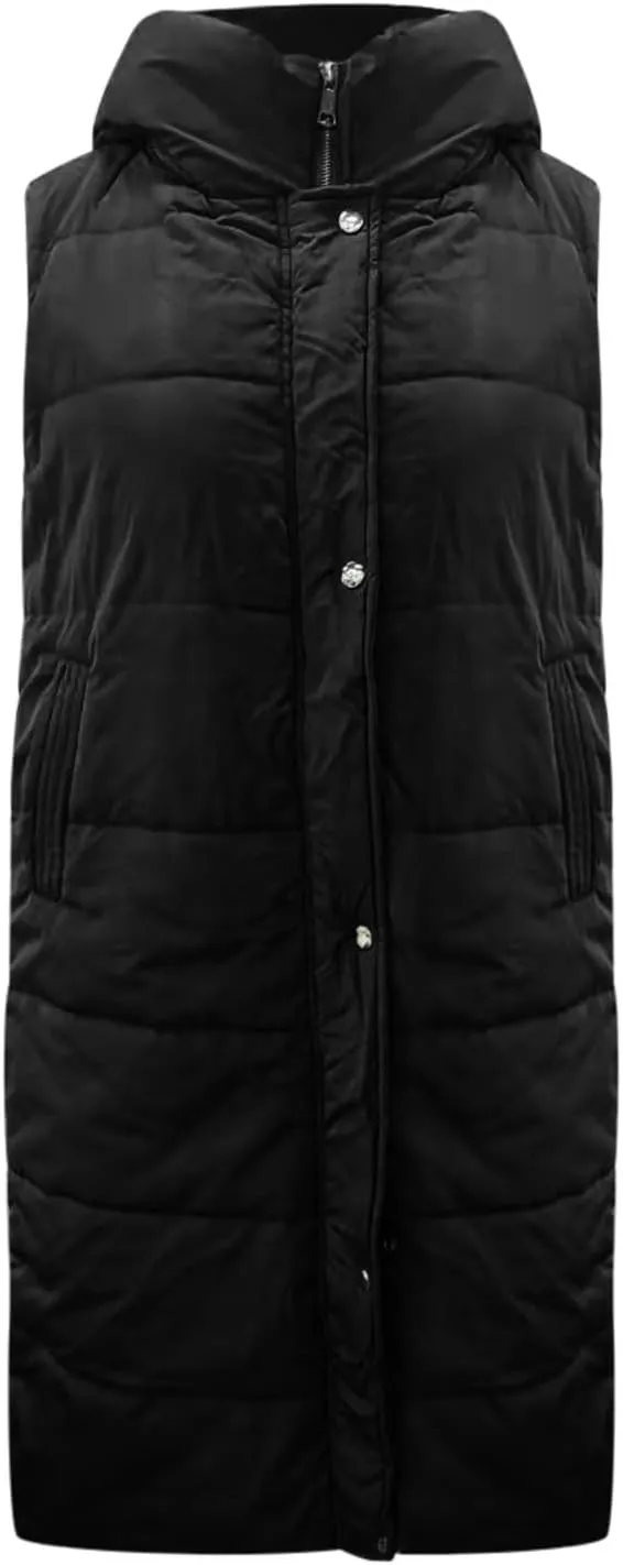 New Ladies Fashion Casual Padded Jacket Solid Color Hooded Slim Vest Temperament Sleeveless Cardigan Long Coat