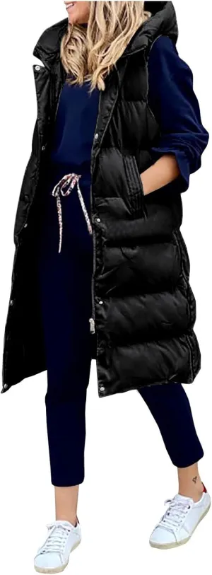 New Ladies Fashion Casual Padded Jacket Solid Color Hooded Slim Vest Temperament Sleeveless Cardigan Long Coat
