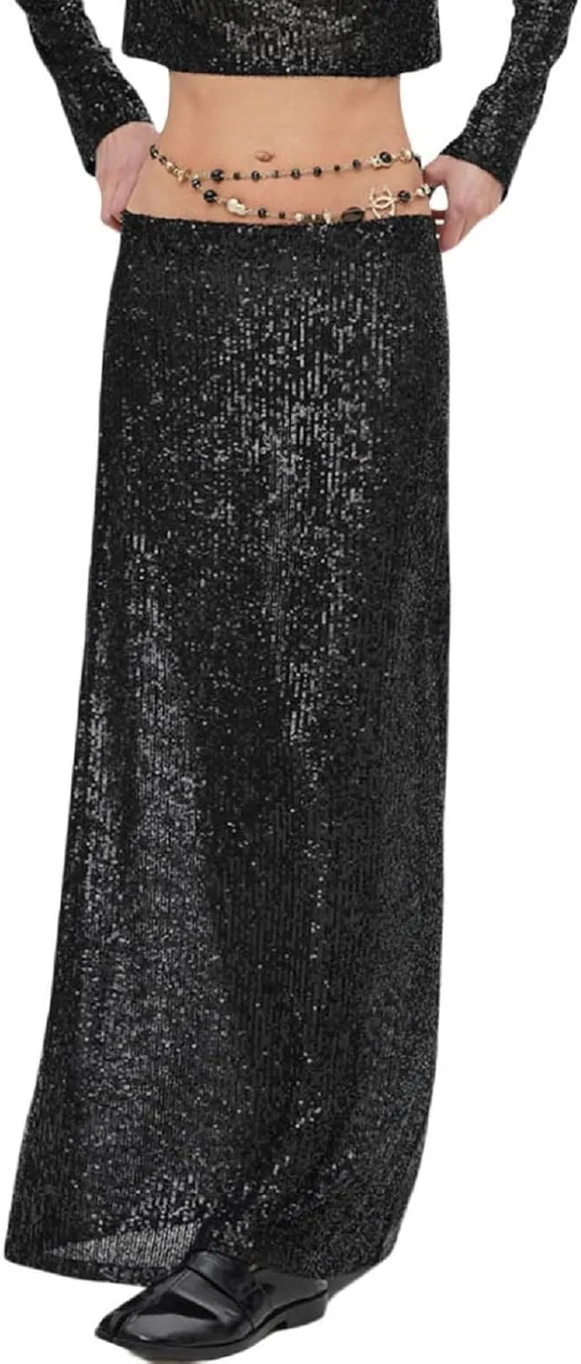 NUFIWI Sequin Glitter Maxi Skirt for Women High Waist Bodycon Long Skirt Shiny Sparkly Metallic Skirt Party Clubwear