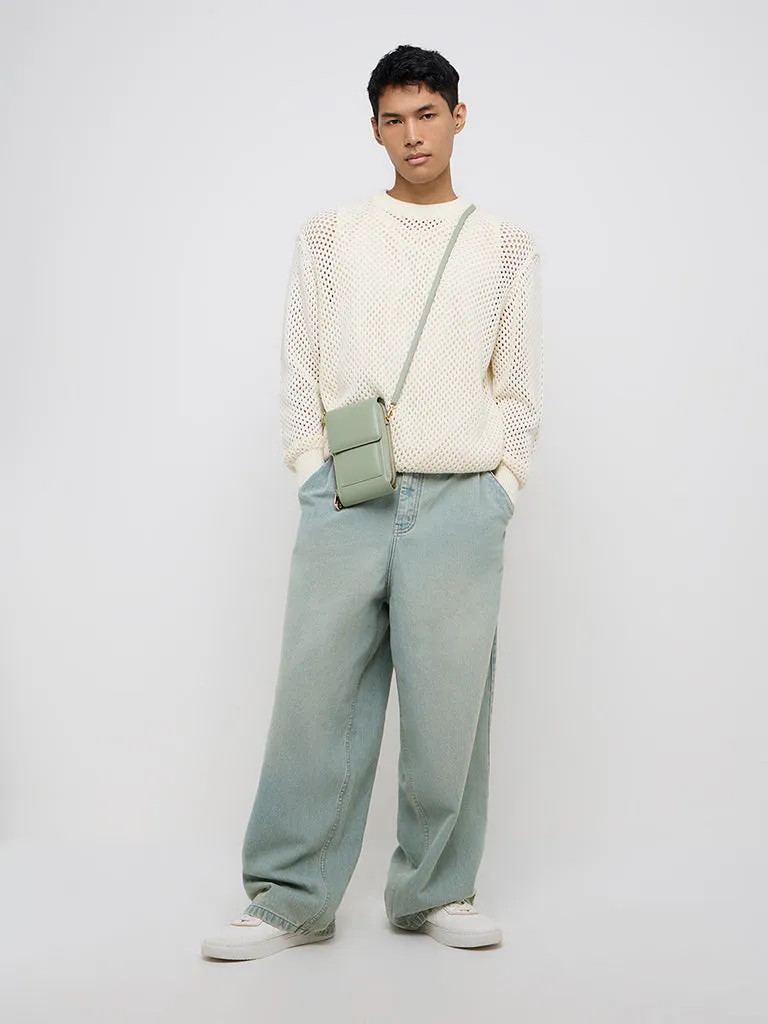 Nuon Off-White Crochet Relaxed-Fit Cotton Sweater