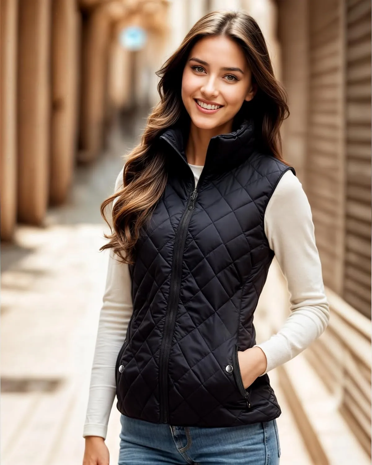NY Threads Puffer Vest Women Slim Fit Lightweight Stand Collar Quilted Zip Puffer Vest