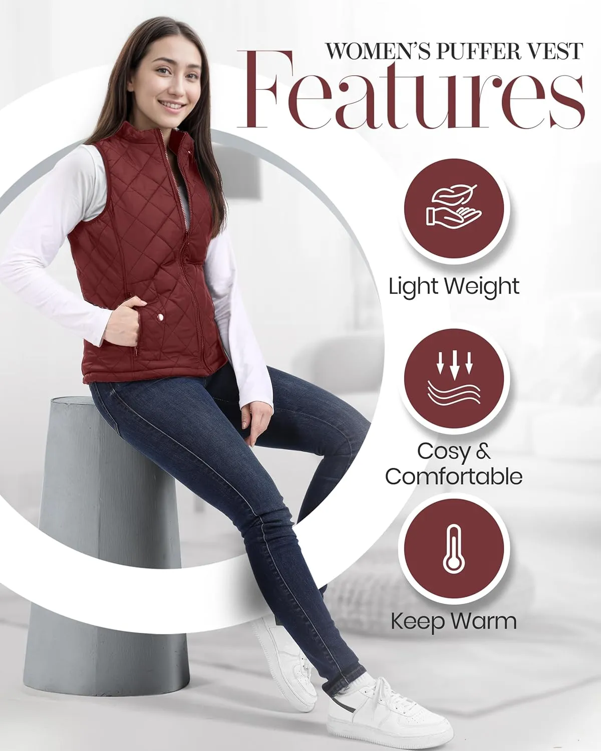 NY Threads Puffer Vest Women Slim Fit Lightweight Stand Collar Quilted Zip Puffer Vest