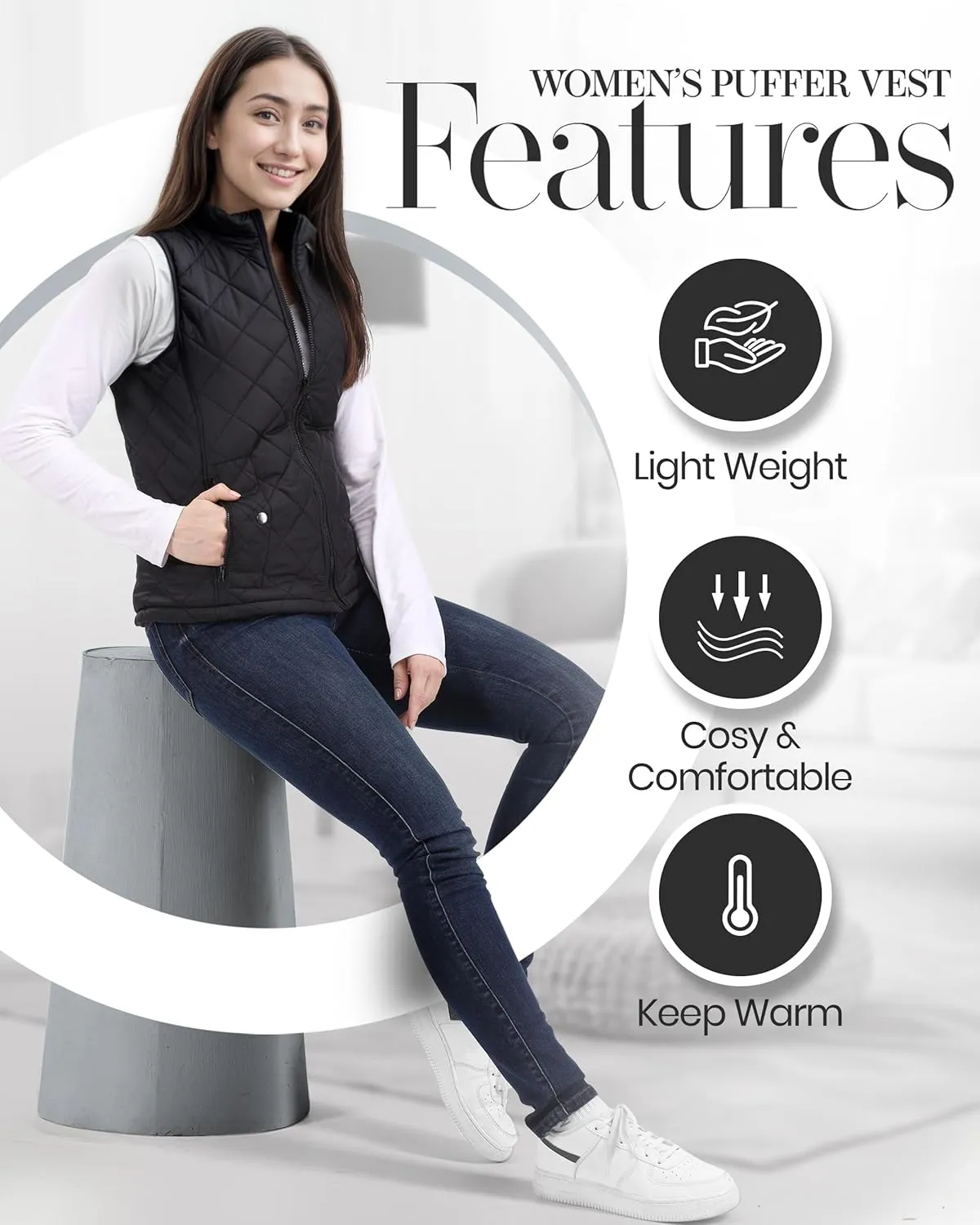 NY Threads Puffer Vest Women Slim Fit Lightweight Stand Collar Quilted Zip Puffer Vest