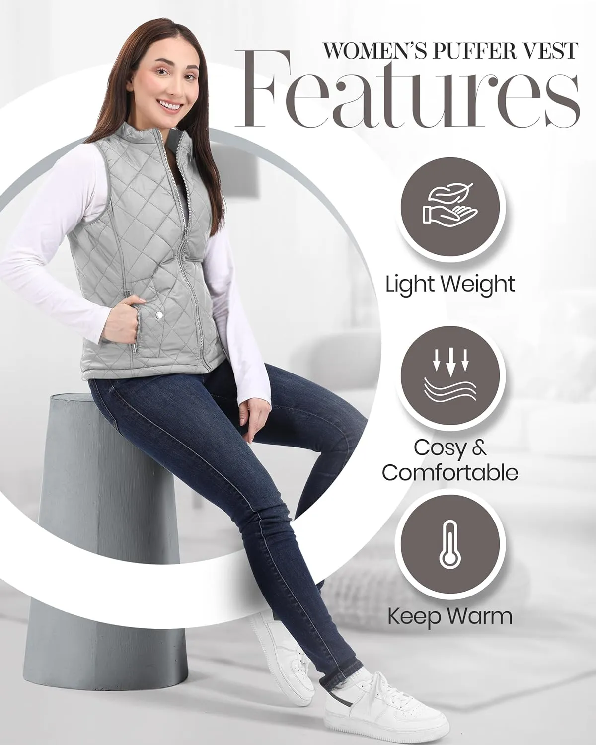 NY Threads Puffer Vest Women Slim Fit Lightweight Stand Collar Quilted Zip Puffer Vest