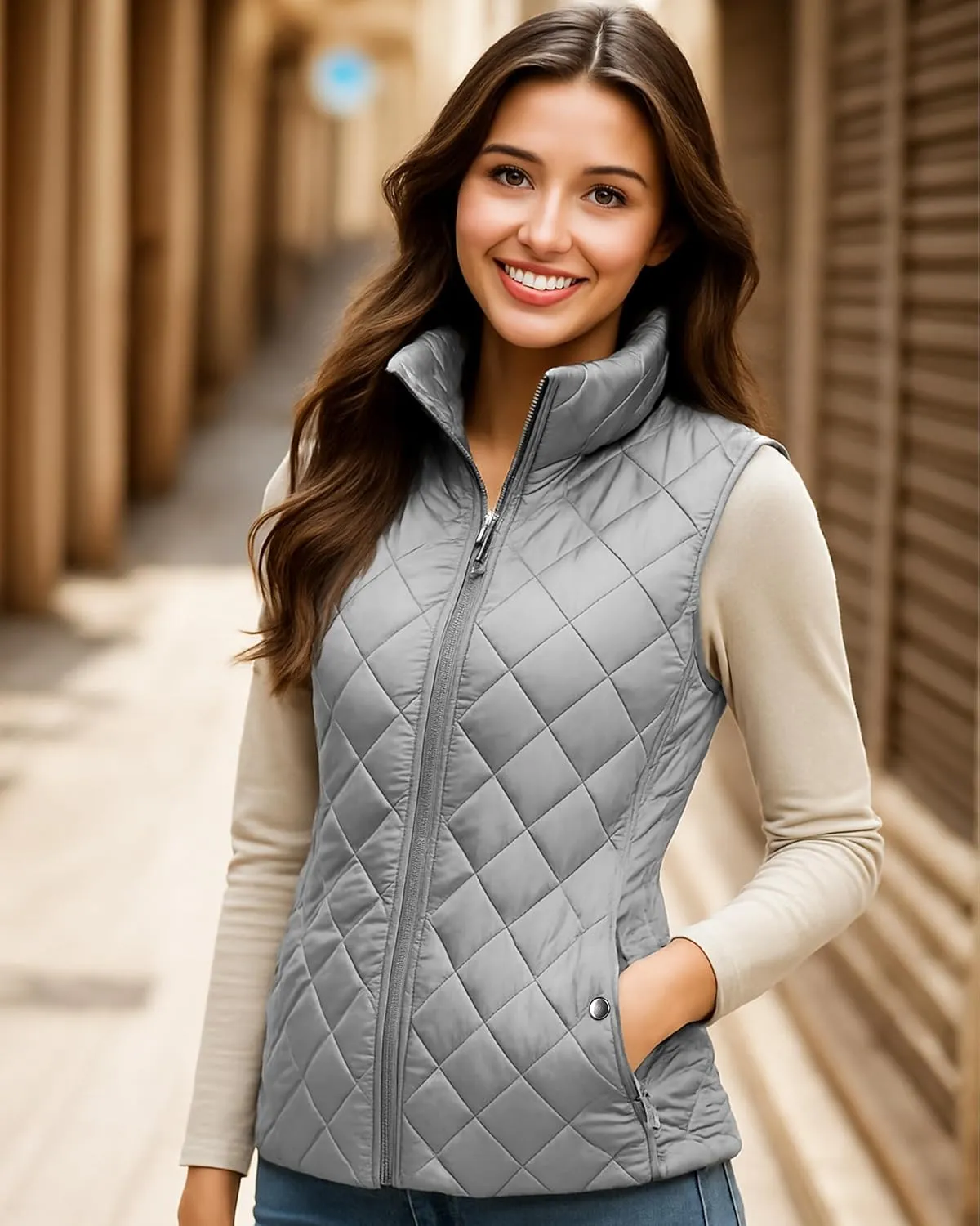 NY Threads Puffer Vest Women Slim Fit Lightweight Stand Collar Quilted Zip Puffer Vest