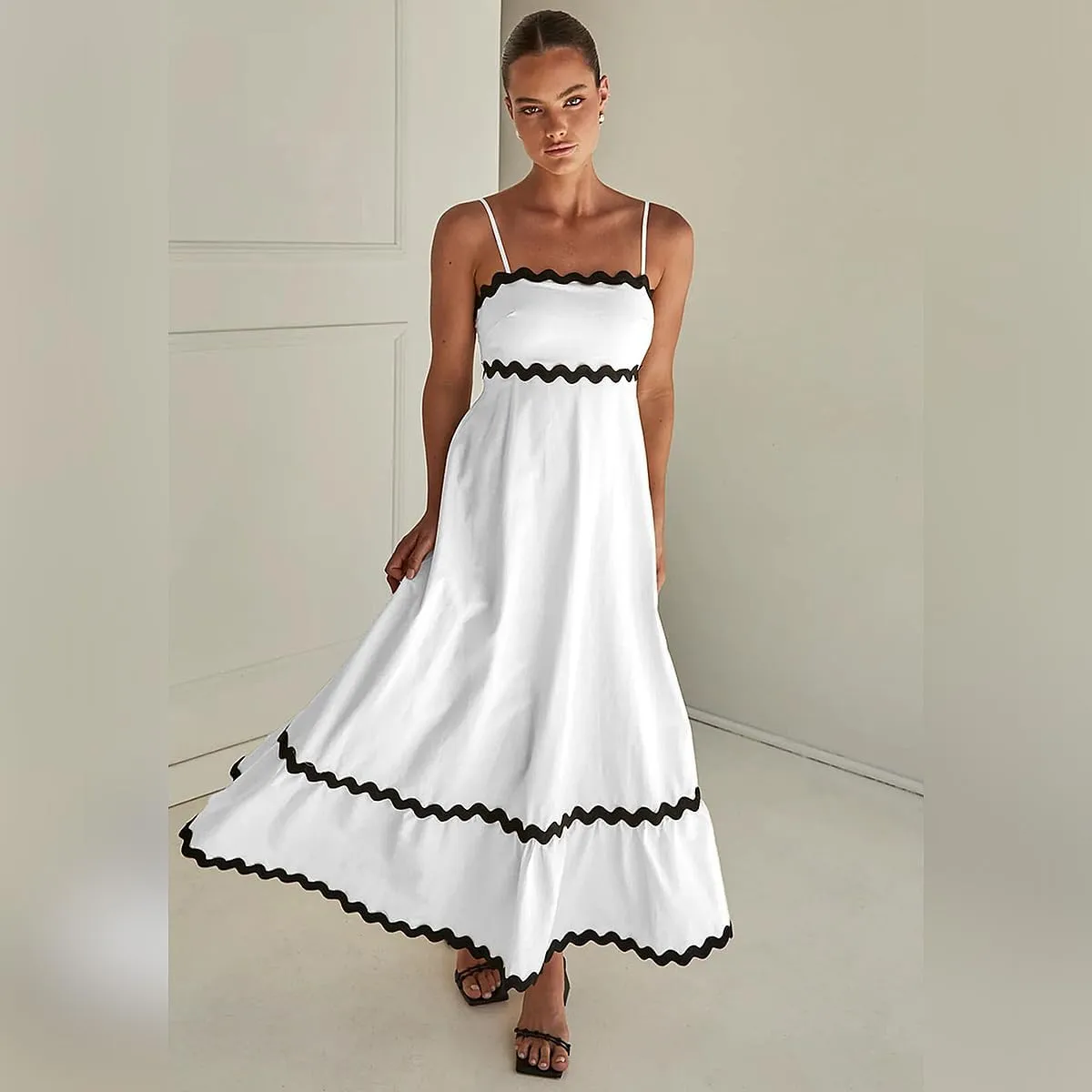 ODIZLI Women Spaghetti Straps Sleeveless Smocked Sundresses Long Flowy A-Line Midi Dress Summer