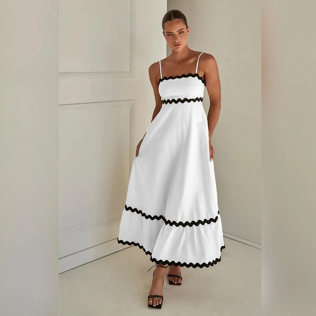 ODIZLI Women Spaghetti Straps Sleeveless Smocked Sundresses Long Flowy A-Line Midi Dress Summer