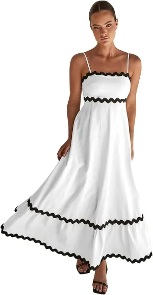 ODIZLI Women Spaghetti Straps Sleeveless Smocked Sundresses Long Flowy A-Line Midi Dress Summer
