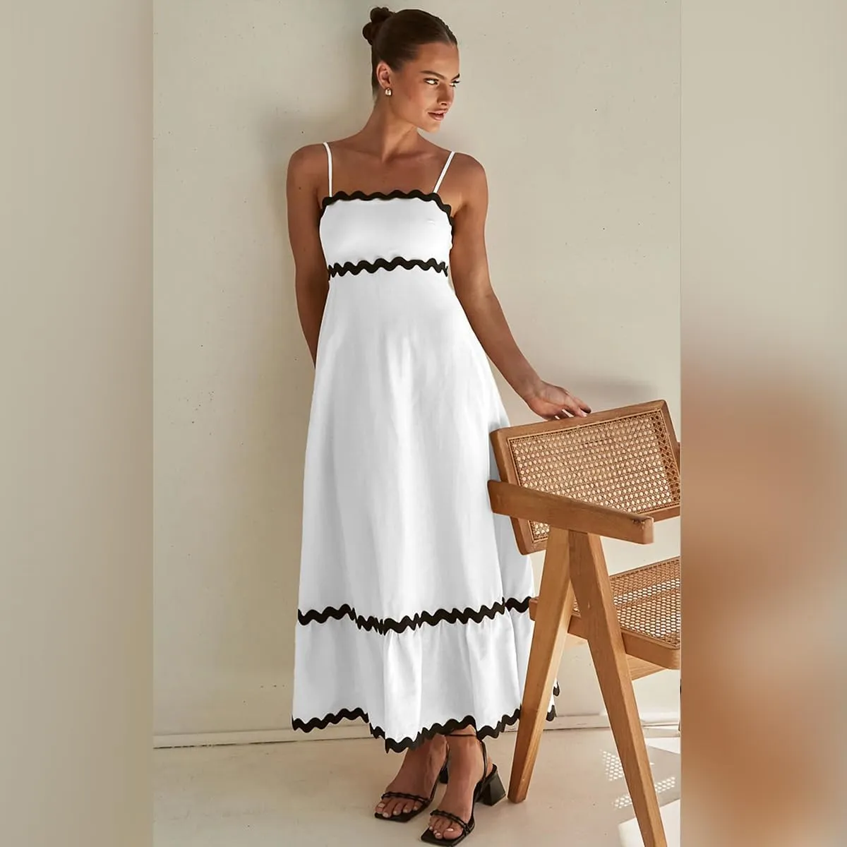 ODIZLI Women Spaghetti Straps Sleeveless Smocked Sundresses Long Flowy A-Line Midi Dress Summer