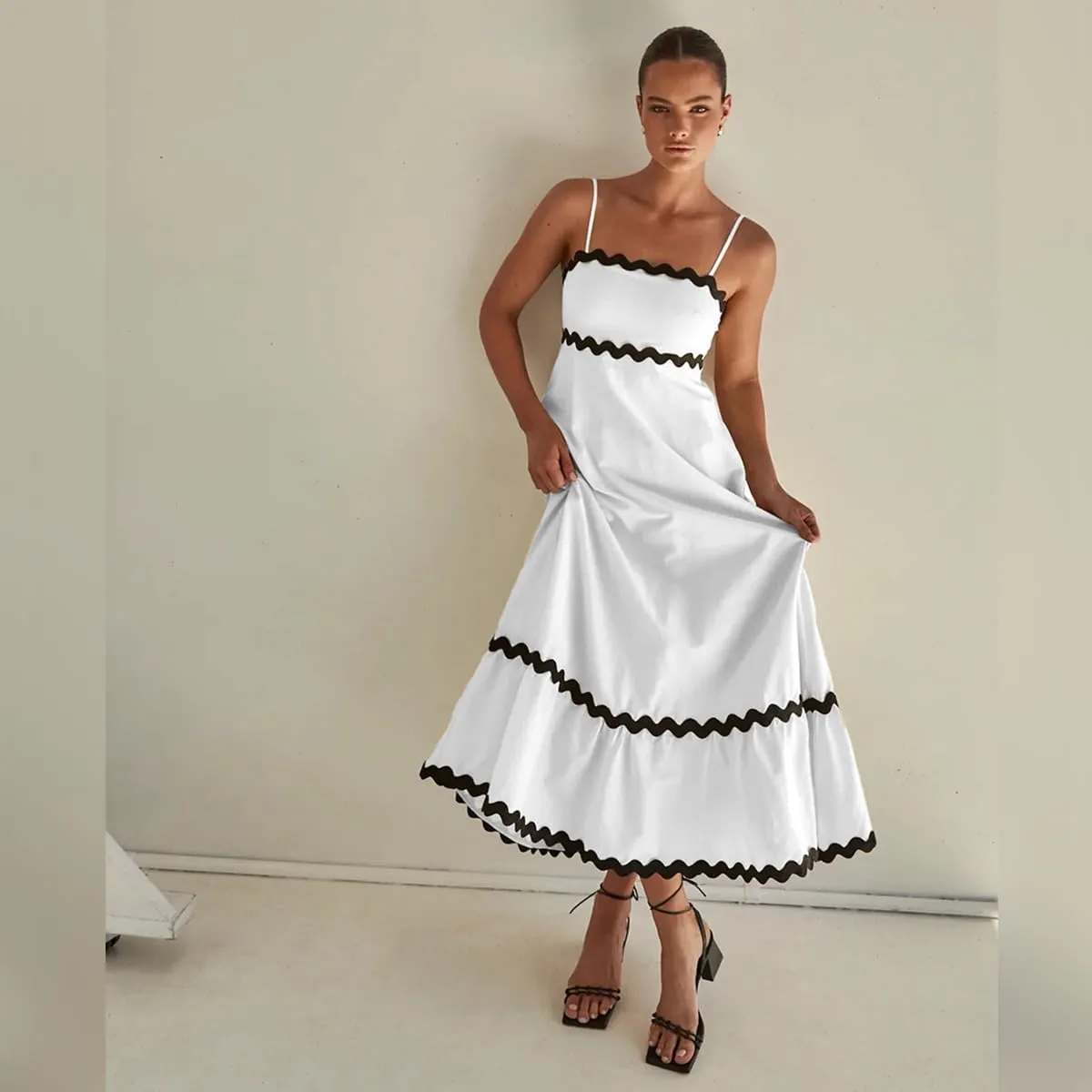 ODIZLI Women Spaghetti Straps Sleeveless Smocked Sundresses Long Flowy A-Line Midi Dress Summer