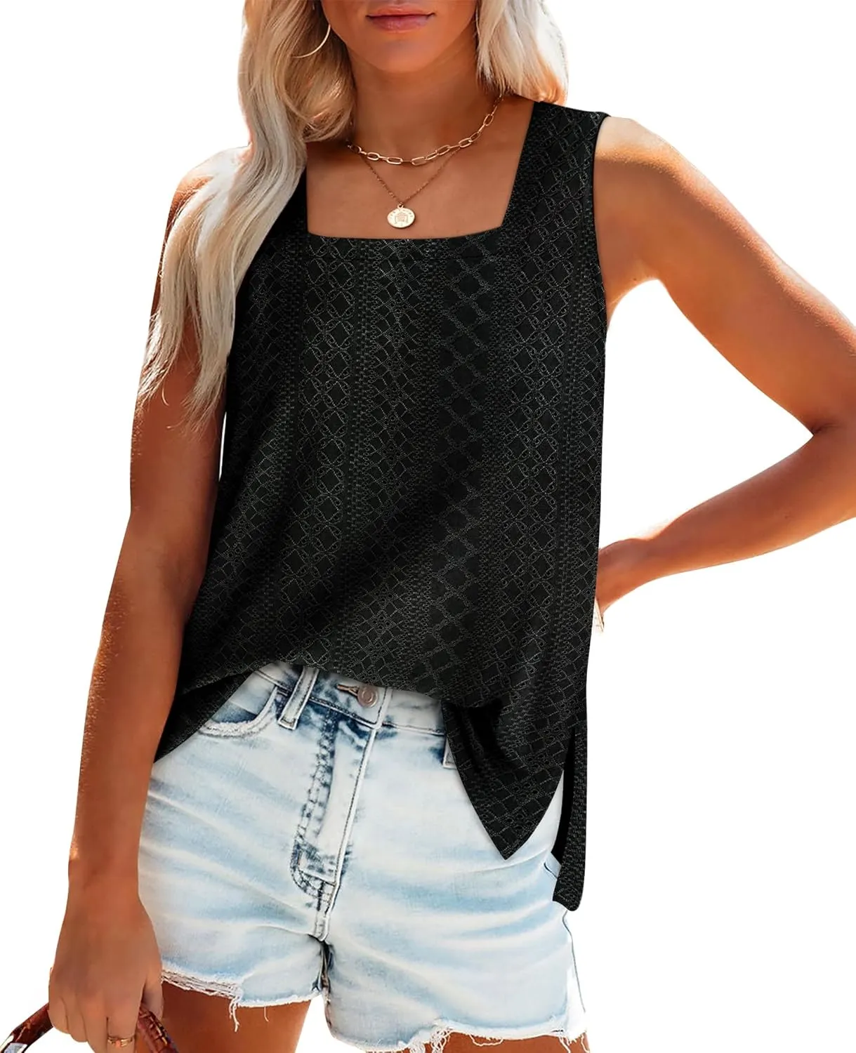 OFEEFAN Womens Tank Tops Square Neck Summer Loose Fit Casual Basic Fashion Flowy Sleeveless