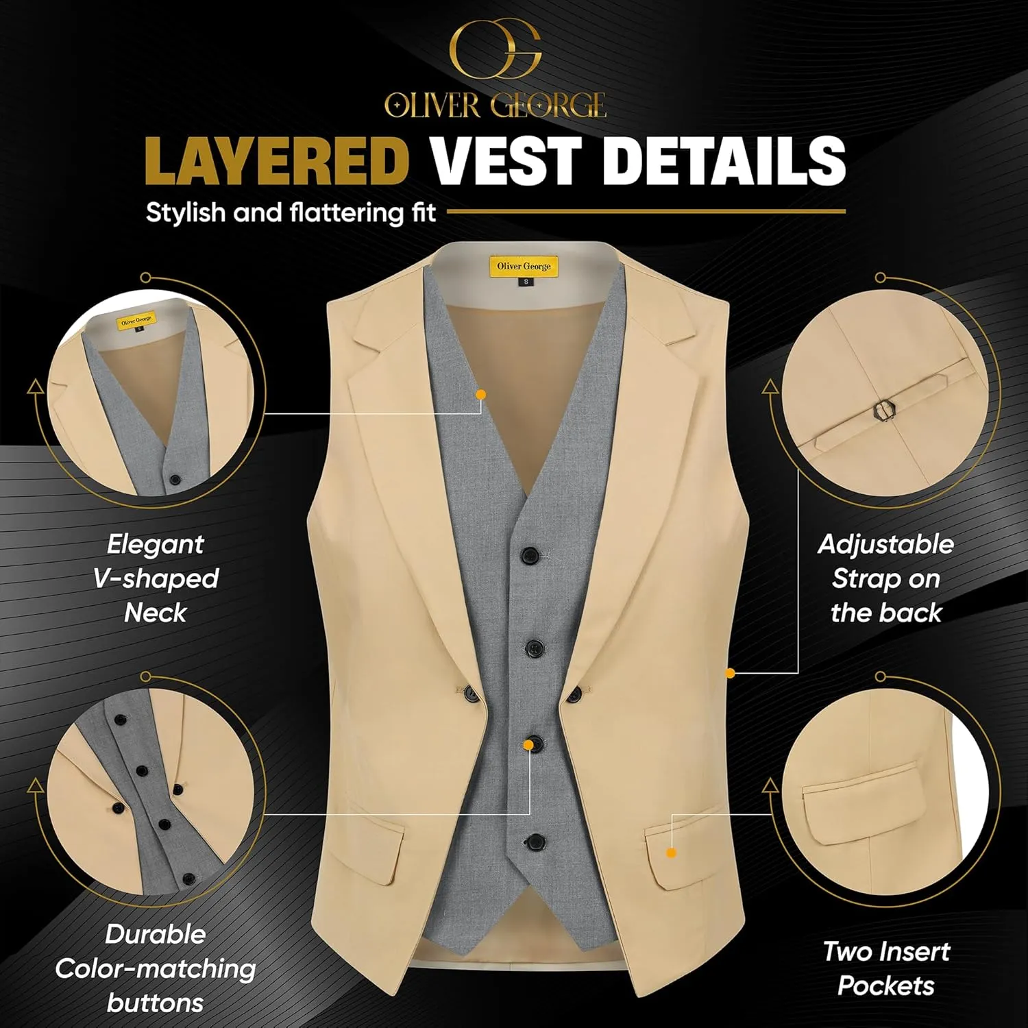 Oliver George Men's Layered Formal Solid Formal Tuxedo Dress Vest Waistcoat Business Vest for Suit or Tuxedo