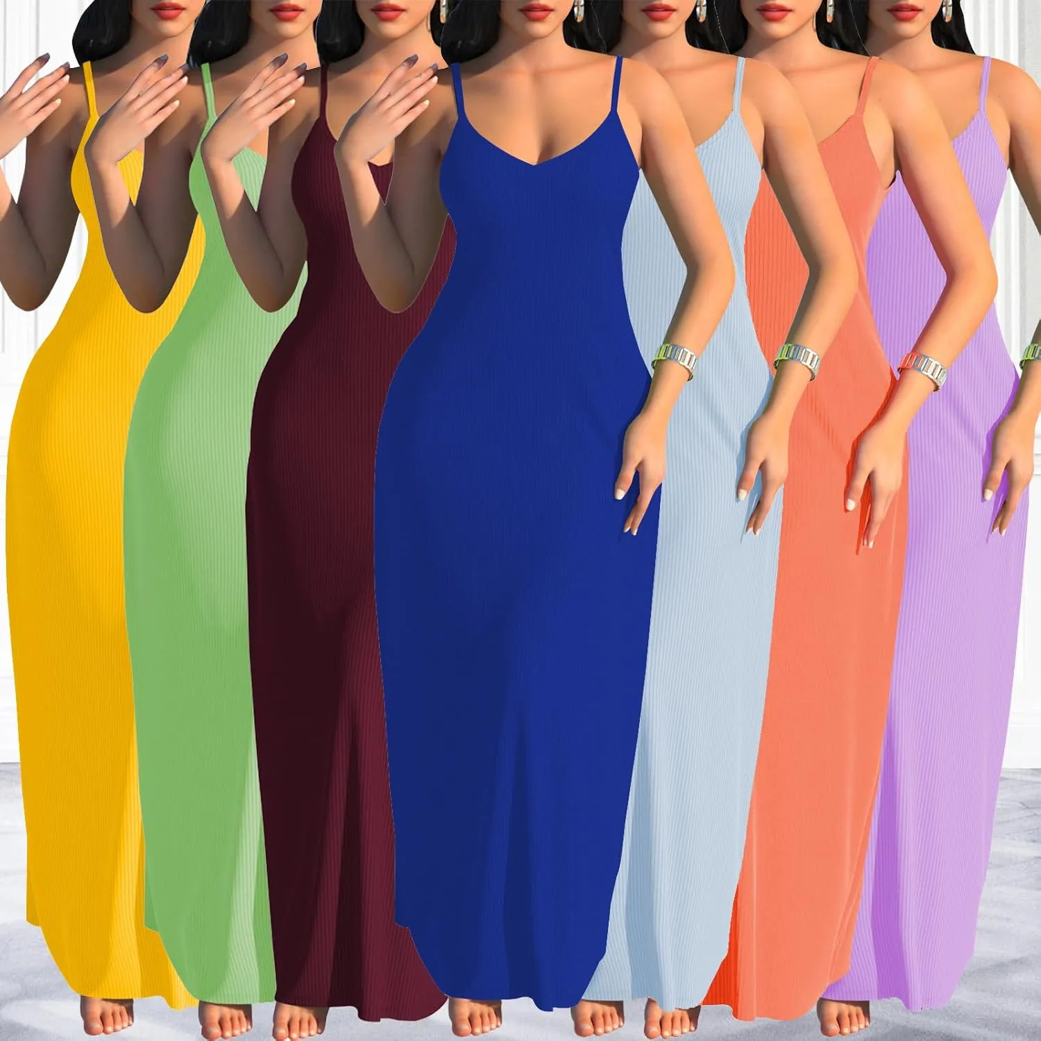 PaladMom Women's Summer Casual Sundress Sleeveless Maxi Dress Plus Size Loose Stripes Long Dresses with Pockets
