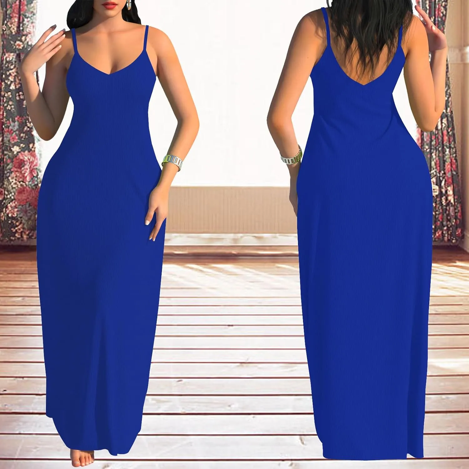 PaladMom Women's Summer Casual Sundress Sleeveless Maxi Dress Plus Size Loose Stripes Long Dresses with Pockets