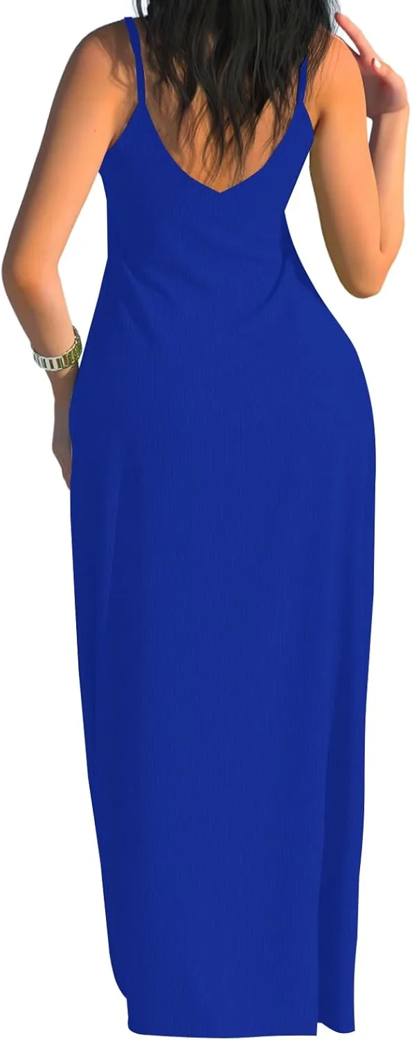 PaladMom Women's Summer Casual Sundress Sleeveless Maxi Dress Plus Size Loose Stripes Long Dresses with Pockets