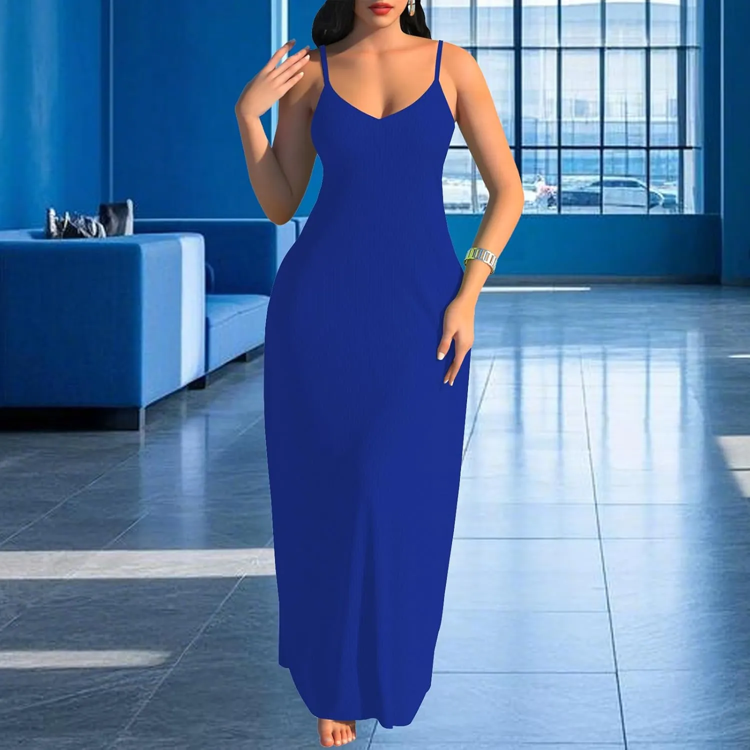 PaladMom Women's Summer Casual Sundress Sleeveless Maxi Dress Plus Size Loose Stripes Long Dresses with Pockets