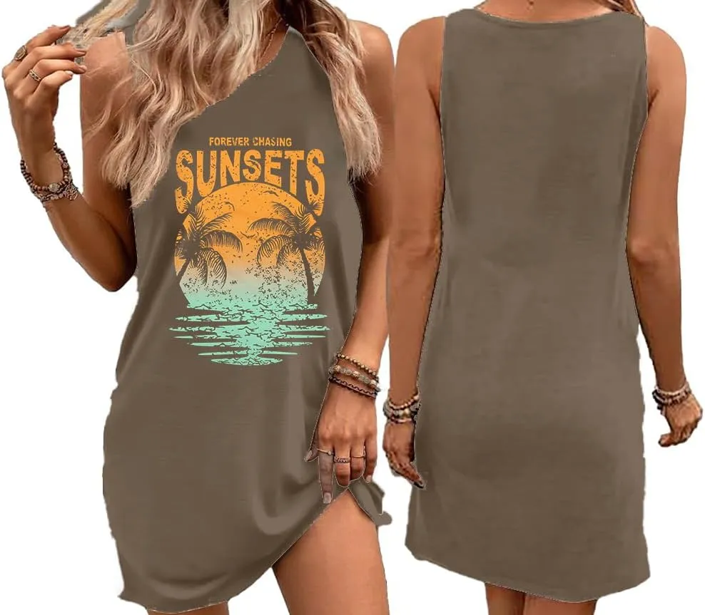 Palm Tree Mini Tank Dress Women Casual Sundress Beach Sunset Summer Sleeveless Dresses