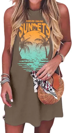 Palm Tree Mini Tank Dress Women Casual Sundress Beach Sunset Summer Sleeveless Dresses