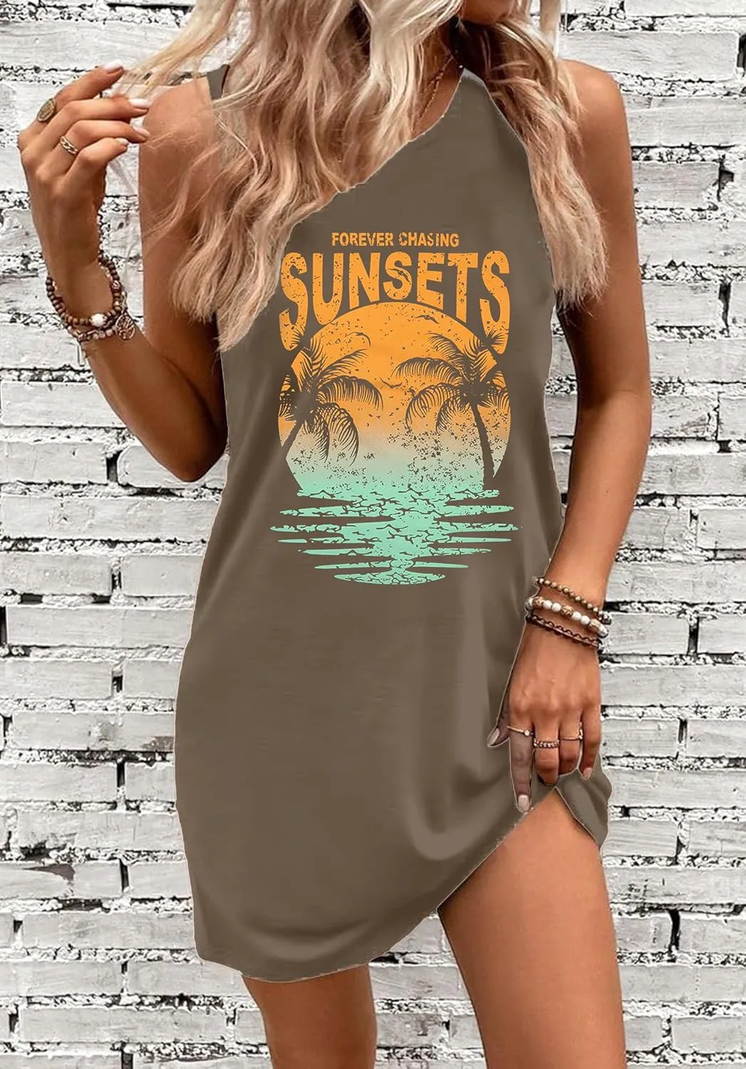 Palm Tree Mini Tank Dress Women Casual Sundress Beach Sunset Summer Sleeveless Dresses