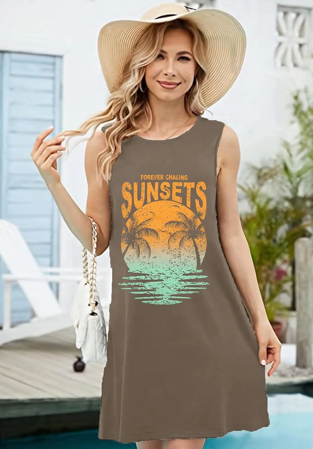 Palm Tree Mini Tank Dress Women Casual Sundress Beach Sunset Summer Sleeveless Dresses