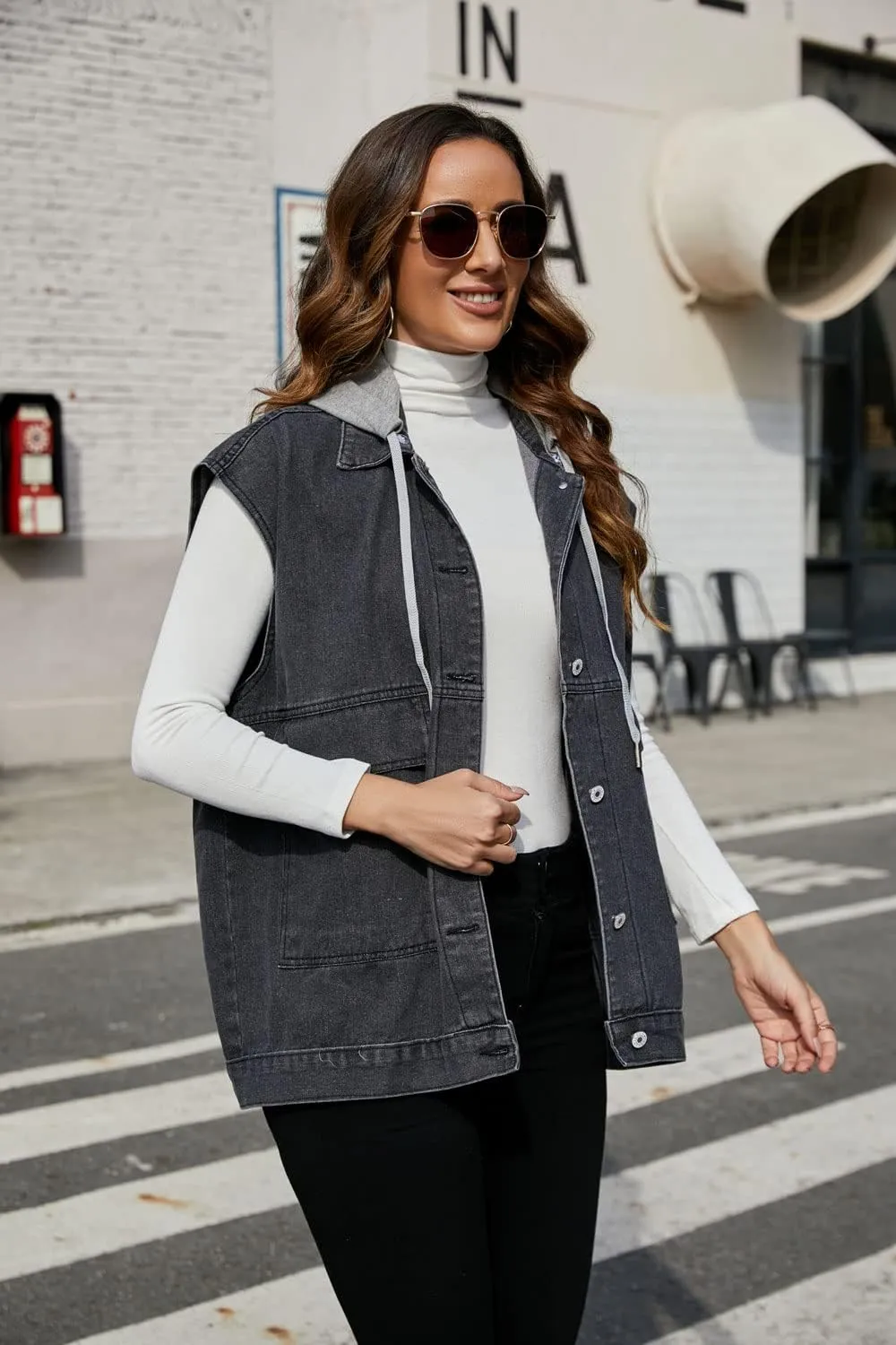 PAODIKUAI Women's Oversized Denim Vest Mid Long Jean Vest Sleeveless Jackets Distressed Vest Cotton