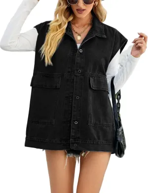 PAODIKUAI Women's Oversized Denim Vest Mid Long Jean Vest Sleeveless Jackets Distressed Vest Cotton
