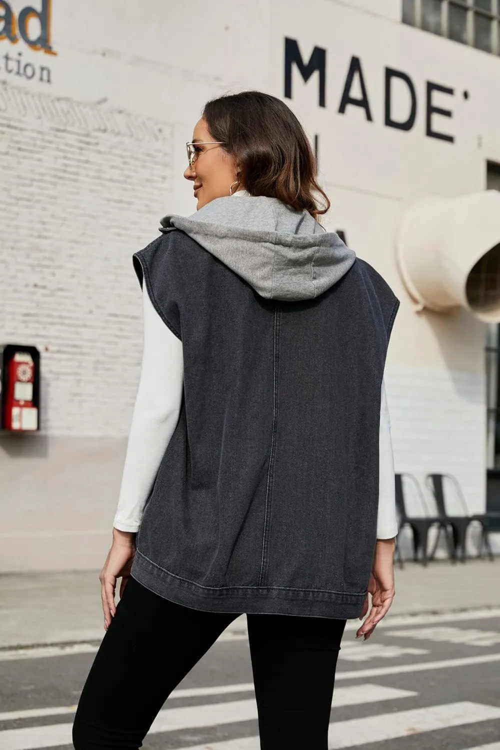 PAODIKUAI Women's Oversized Denim Vest Mid Long Jean Vest Sleeveless Jackets Distressed Vest Cotton