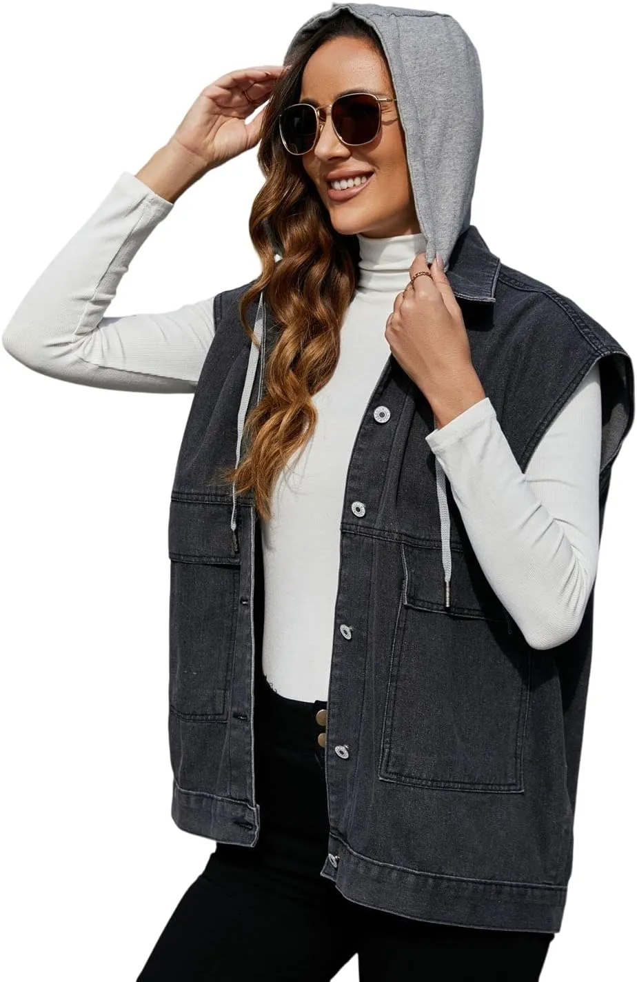 PAODIKUAI Women's Oversized Denim Vest Mid Long Jean Vest Sleeveless Jackets Distressed Vest Cotton