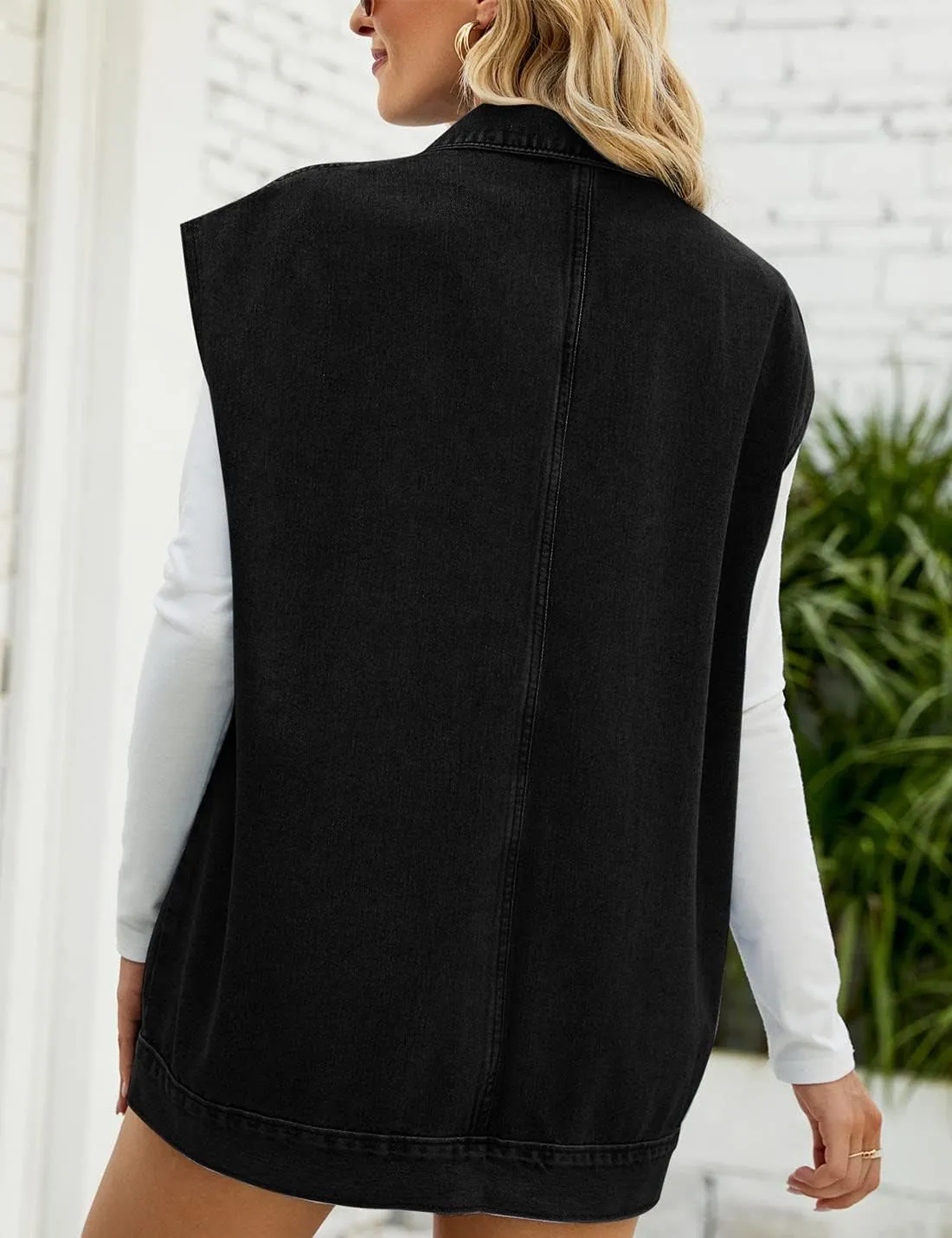 PAODIKUAI Women's Oversized Denim Vest Mid Long Jean Vest Sleeveless Jackets Distressed Vest Cotton