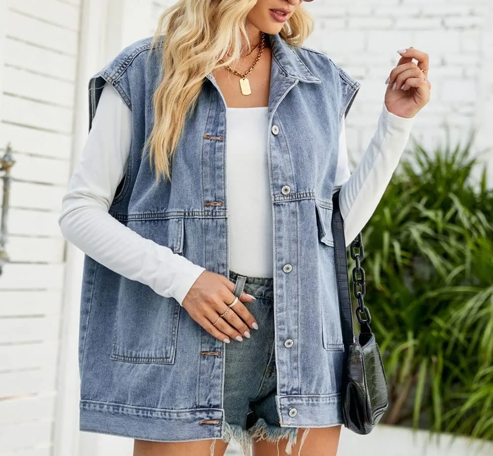 PAODIKUAI Women's Oversized Denim Vest Mid Long Jean Vest Sleeveless Jackets Distressed Vest Cotton