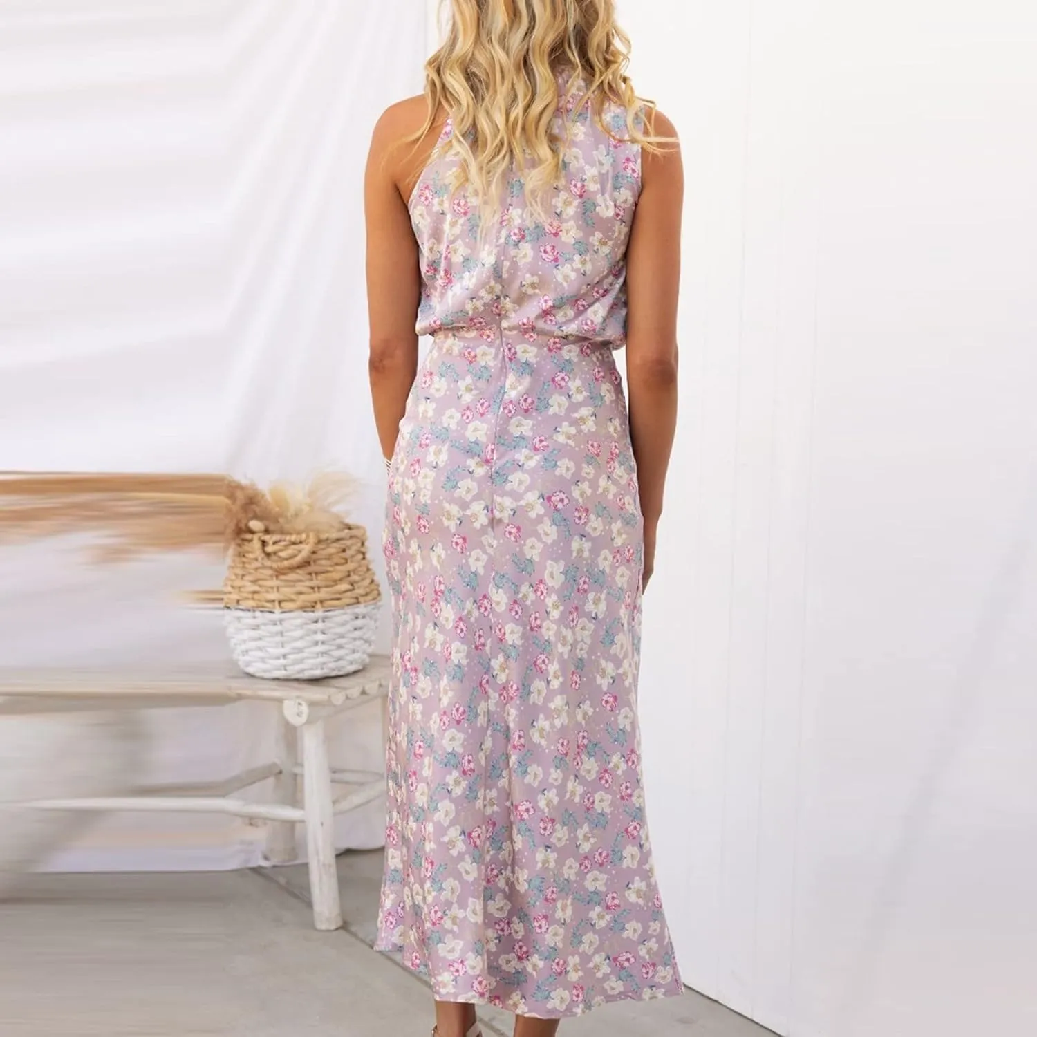 Party Dresses for Women,2024 Summer Elegant Satin Sleeveless Mock Neck Formal Dress,Trendy Floral Print Maxi Dress