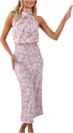 Party Dresses for Women,2024 Summer Elegant Satin Sleeveless Mock Neck Formal Dress,Trendy Floral Print Maxi Dress