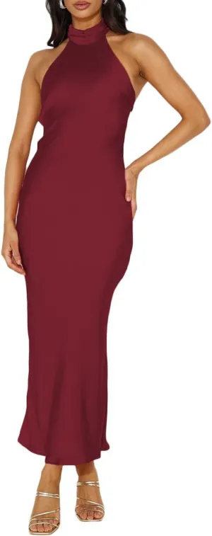 Phicia Sexy Satin Halter Neck Backless Maxi Dress for Women Elegant Tie Cowl Back Formal Wedding Guest Dress for Summer