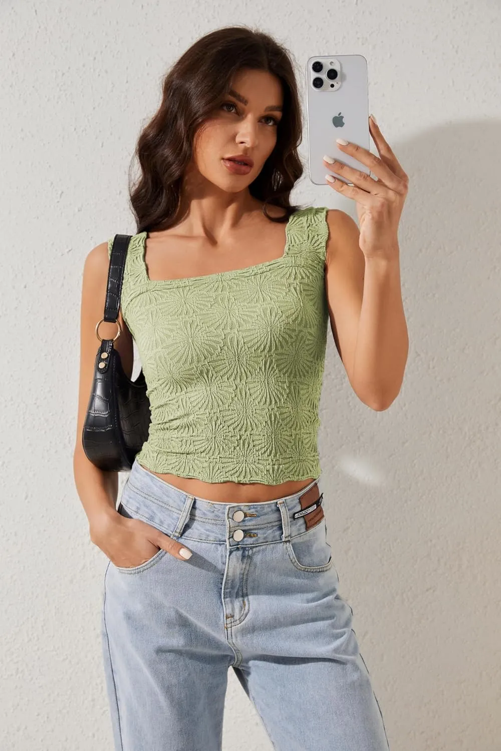 PICPUNMAK Women Square Neck Wide Straps Crop Tank Tops Flower Lettuce Trim Crop Vest Slim Fitted Sleeveless Cropped Cami Top