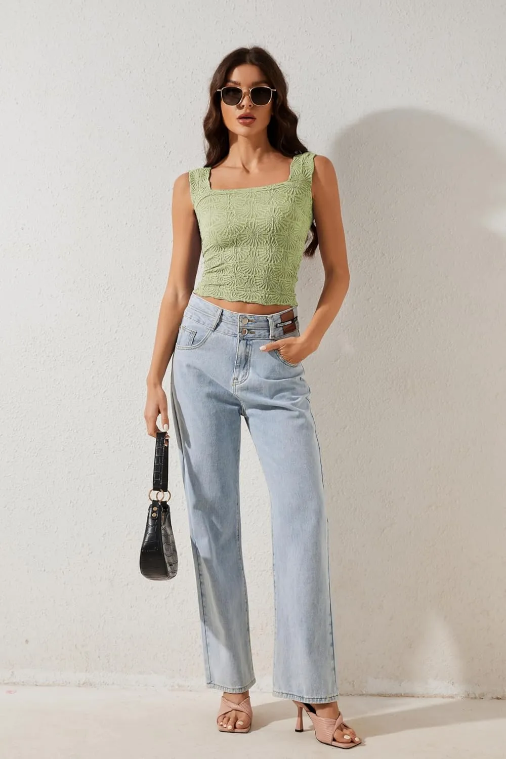 PICPUNMAK Women Square Neck Wide Straps Crop Tank Tops Flower Lettuce Trim Crop Vest Slim Fitted Sleeveless Cropped Cami Top