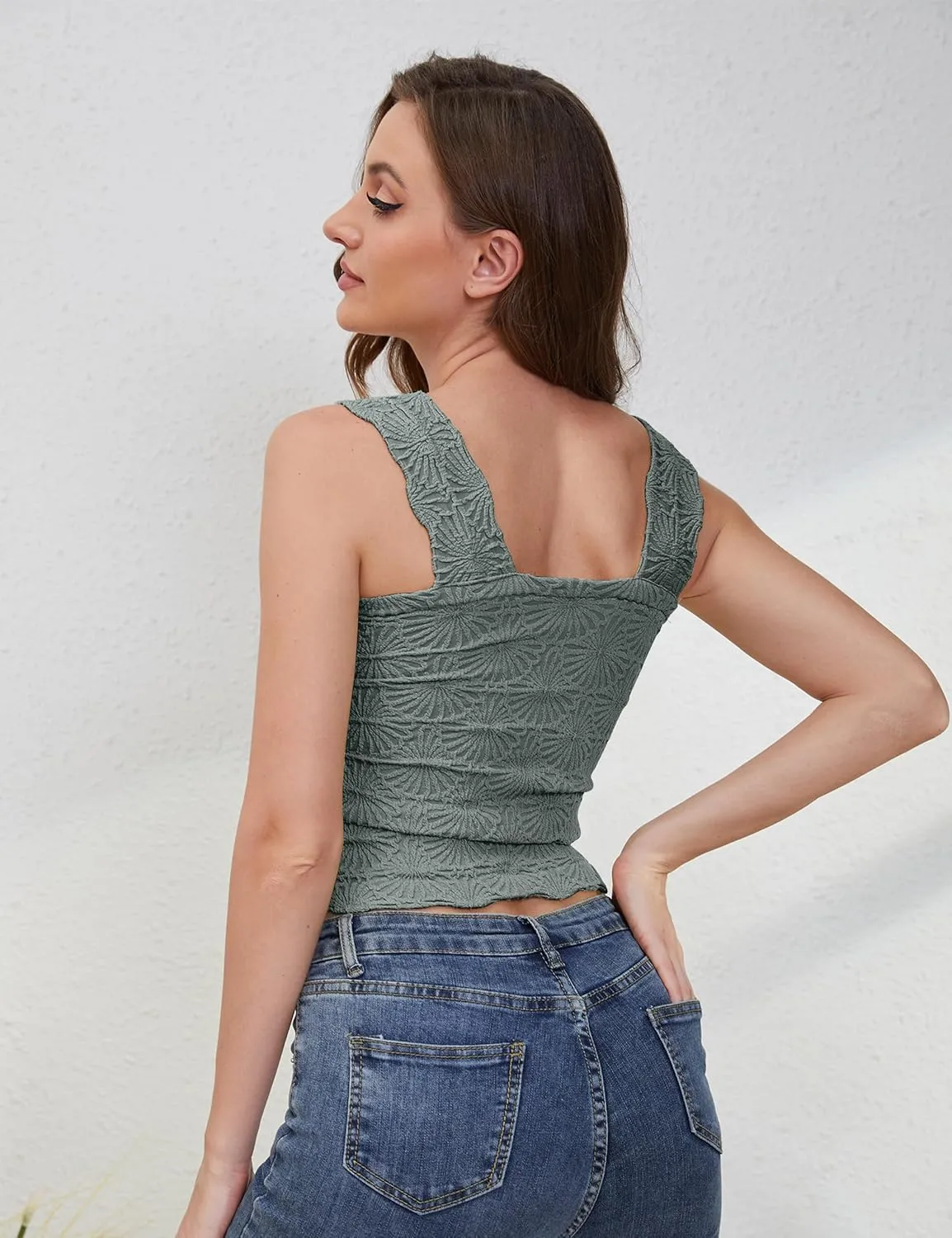 PICPUNMAK Women Square Neck Wide Straps Crop Tank Tops Flower Lettuce Trim Crop Vest Slim Fitted Sleeveless Cropped Cami Top