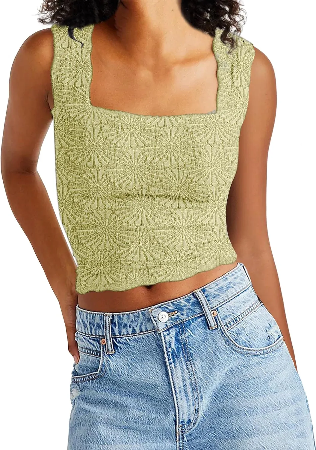 PICPUNMAK Women Square Neck Wide Straps Crop Tank Tops Flower Lettuce Trim Crop Vest Slim Fitted Sleeveless Cropped Cami Top