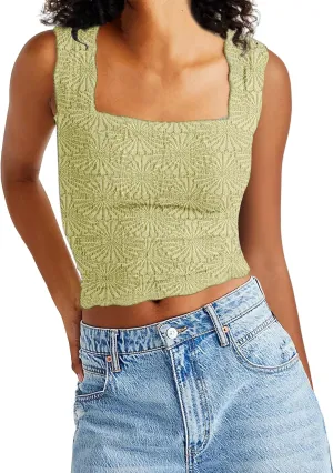 PICPUNMAK Women Square Neck Wide Straps Crop Tank Tops Flower Lettuce Trim Crop Vest Slim Fitted Sleeveless Cropped Cami Top