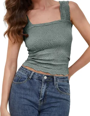 PICPUNMAK Women Square Neck Wide Straps Crop Tank Tops Flower Lettuce Trim Crop Vest Slim Fitted Sleeveless Cropped Cami Top