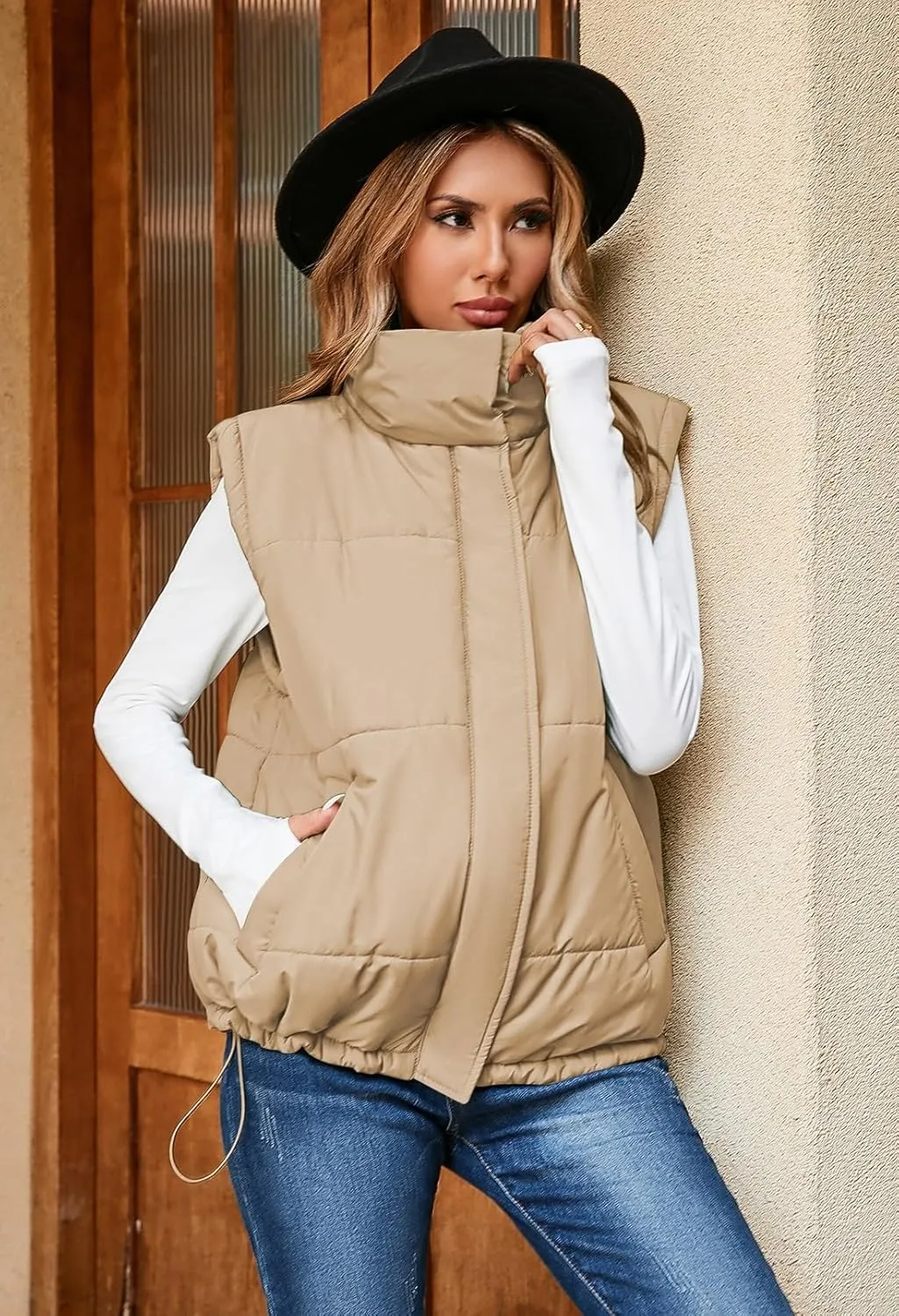 Pink Queen Womens Oversized Quilted Puffer Vest Casual Loose Sleeveless Stand Collar Zip Up Fall Winter Warm Outerwear Jacket