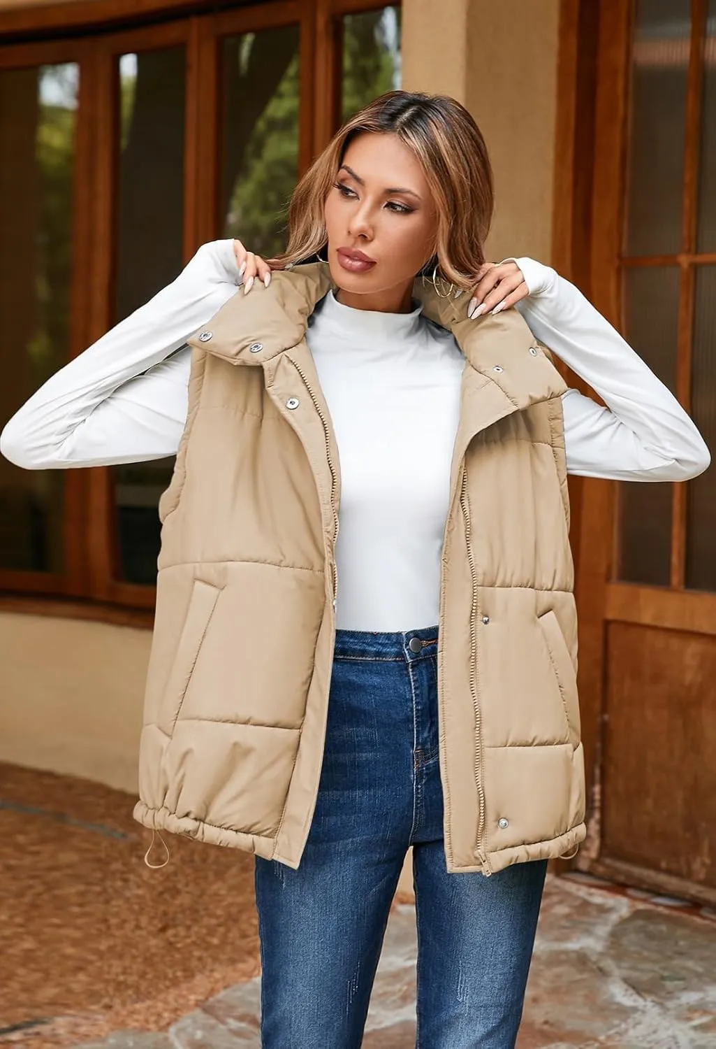 Pink Queen Womens Oversized Quilted Puffer Vest Casual Loose Sleeveless Stand Collar Zip Up Fall Winter Warm Outerwear Jacket