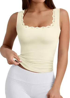PINKMSTYLE Womens Square Neck Lace Tank Tops Double Lined Sleeveless Cute Going Out Tops