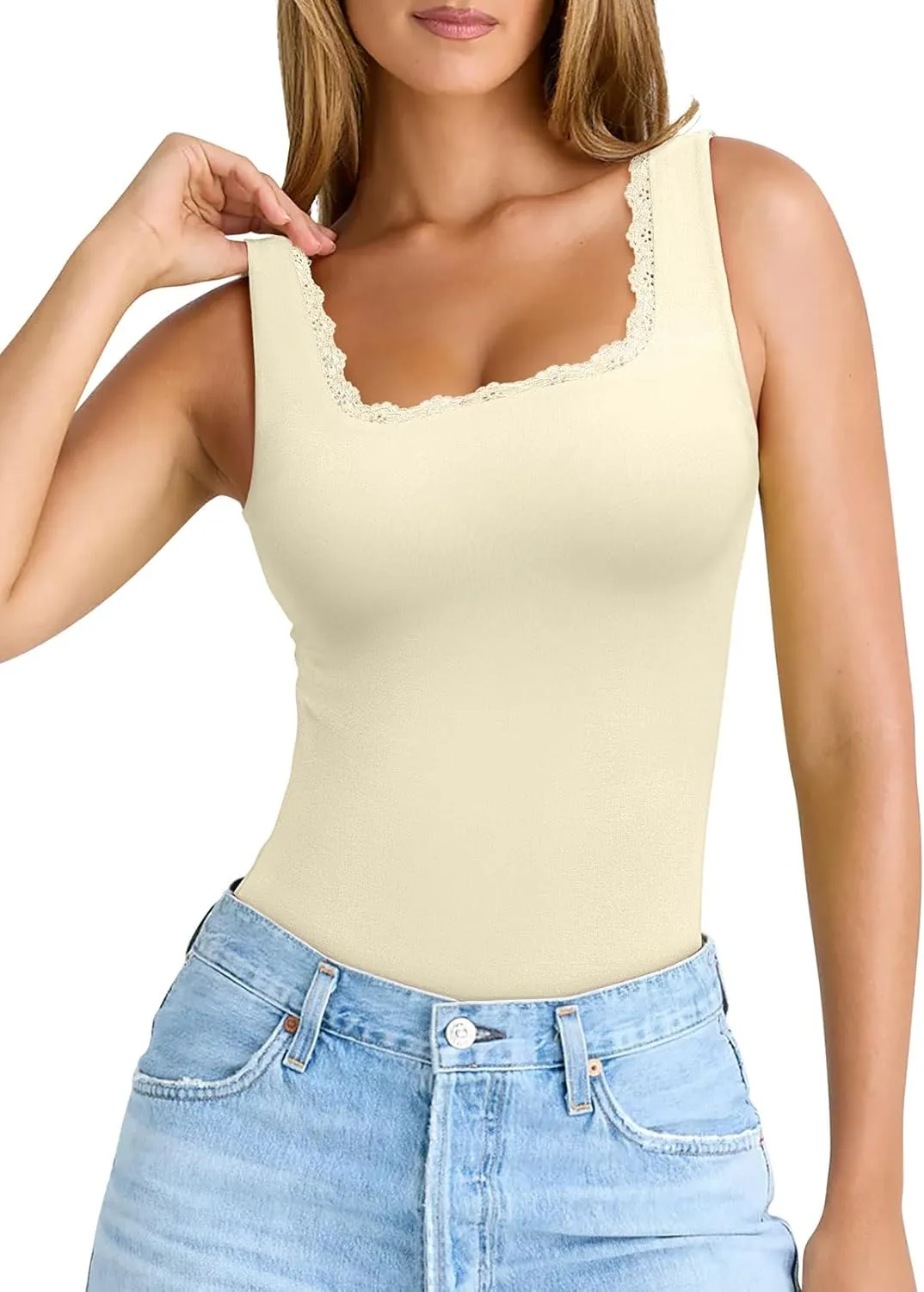 PINKMSTYLE Womens Square Neck Lace Tank Tops Double Lined Sleeveless Cute Going Out Tops
